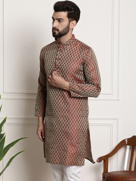 Men Maroon & Golden Ethnic Motifs Jacquard Silk Kurta