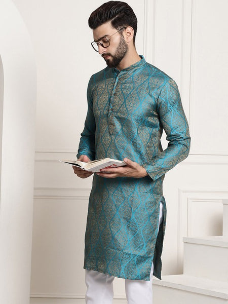 Men Teal & Gold-Toned Indian Ethnic Motif Kurta