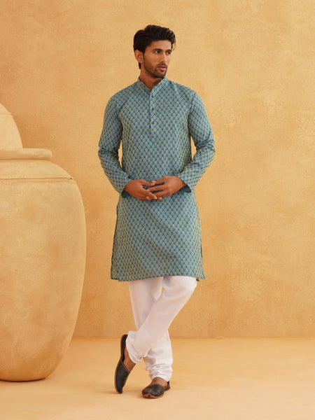 Men Blue & Beige Ethnic Motif Printed Jacquard Silk Kurta