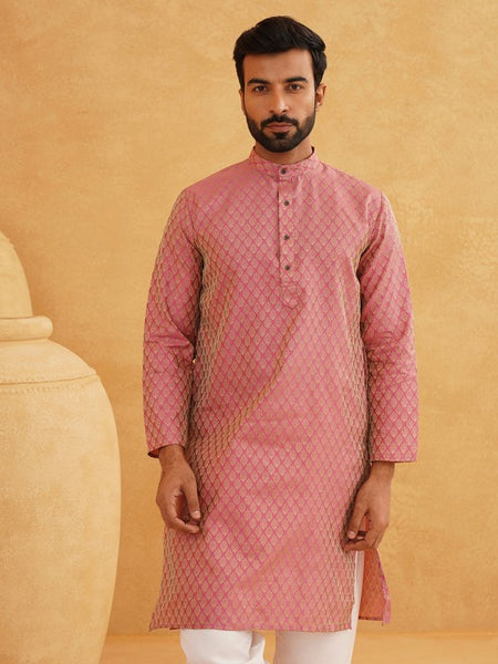 Men Pink & Beige Ethnic Motifs Jacquard Woven Design Straight Kurta