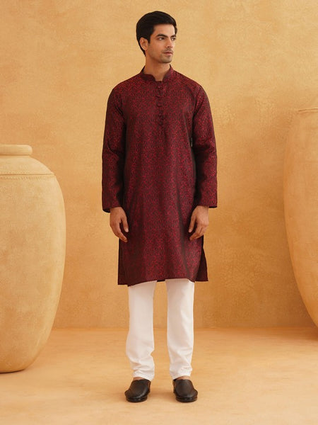 Men HandCrafted Maroon Printed Straight Kurta