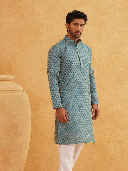 Men Blue & Beige Ethnic Motif Printed Jacquard Silk Kurta