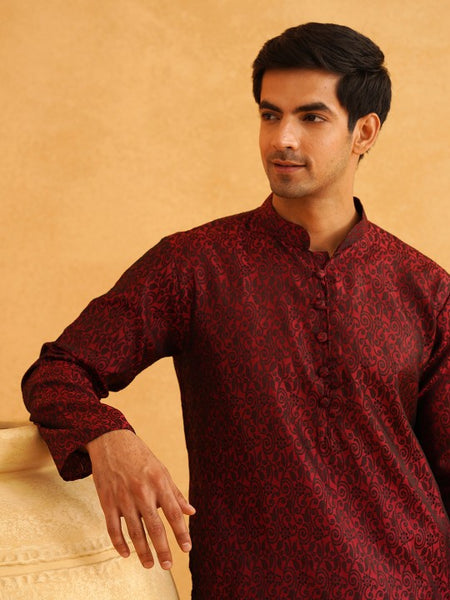 Men HandCrafted Maroon Printed Straight Kurta