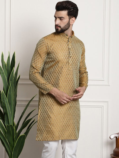 Men Golden & Beige Woven Design Jacquard Kurta