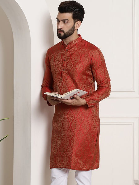 Men Red Woven Design Jacquard Straight Kurta