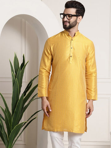 Men Yellow Woven Design Jacquard Straight Kurta