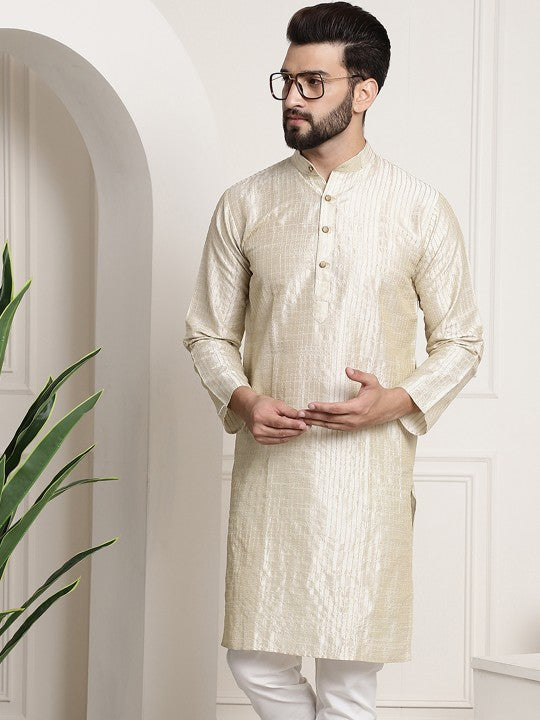 Men cream-coloured Ethnic Motifs Jacquard Silk Kurta