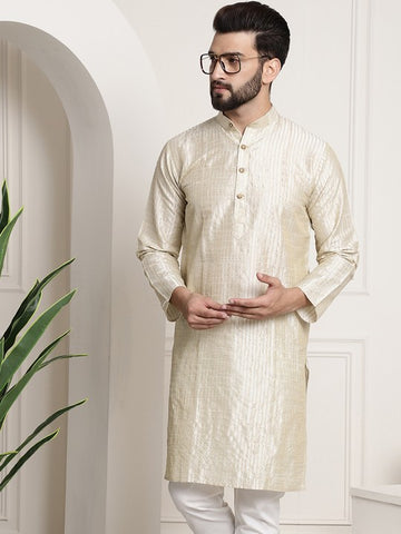 Men cream-coloured Ethnic Motifs Jacquard Silk Kurta