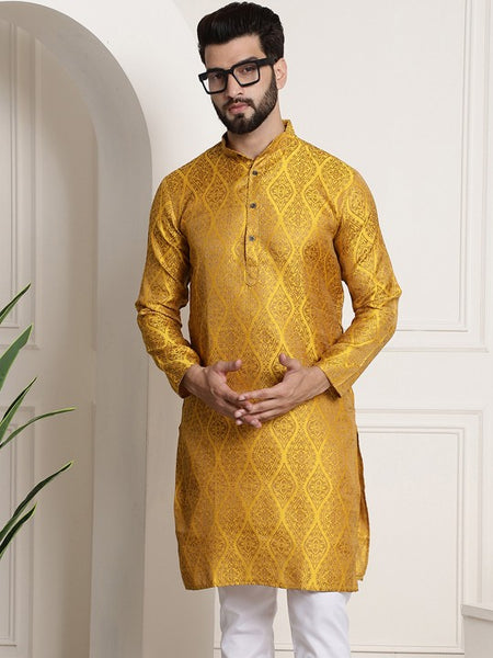 Men Yellow Woven Design Jacquard Straight Kurta