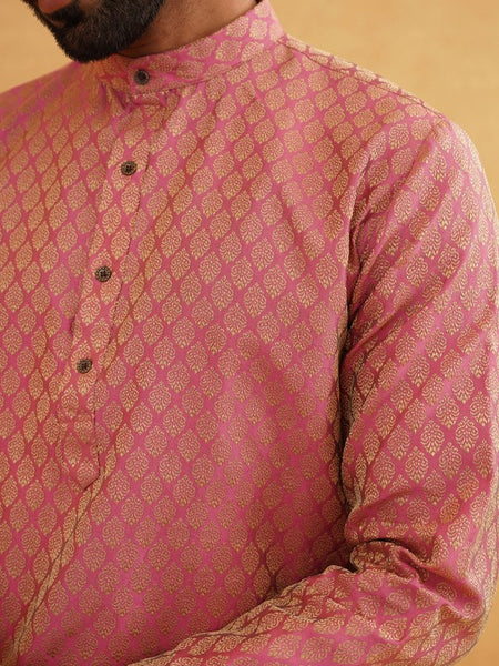 Men Pink & Beige Ethnic Motifs Jacquard Woven Design Straight Kurta