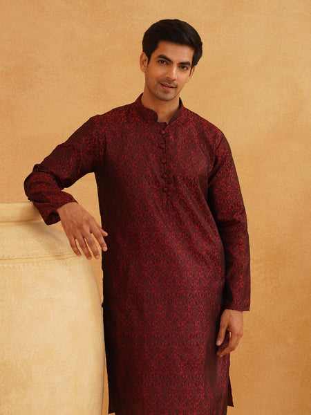 Men HandCrafted Maroon Printed Straight Kurta