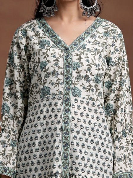 Women Floral Printed V-Neck Bell Sleeves Cotton A-Line Ethnic Dress