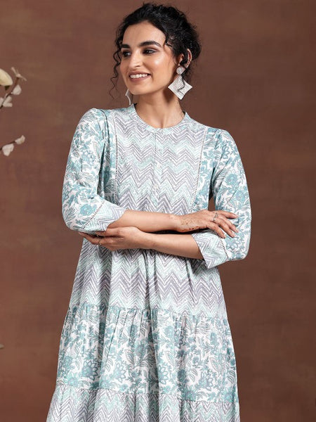 Women Round Neck Three Fourth Sleeves Printed Layered Ethnic Dress