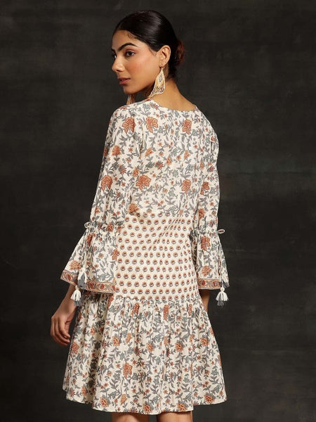 Women Floral Printed Bell Sleeve A-Line Dress Indian Ethnic Dress