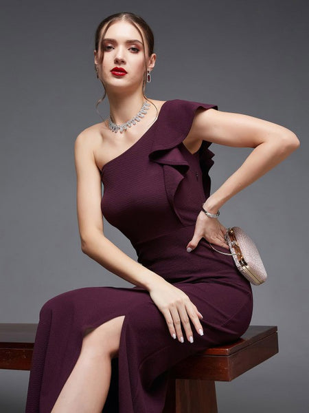 Women One Shoulder Georgette Bodycon Maxi Dress VitansEthnics