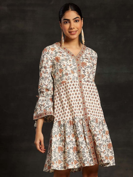 Women Floral Printed Bell Sleeve A-Line Dress Indian Ethnic Dress