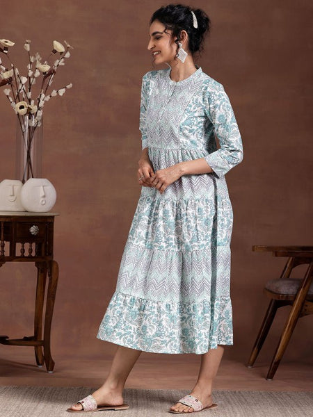 Women Round Neck Three Fourth Sleeves Printed Layered Ethnic Dress