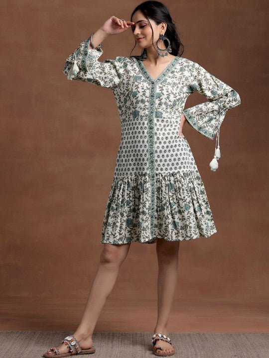 Women Floral Printed V-Neck Bell Sleeves Cotton A-Line Ethnic Dress