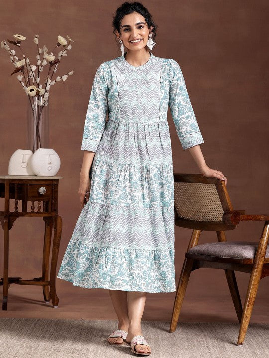 Women Round Neck Three Fourth Sleeves Printed Layered Ethnic Dress