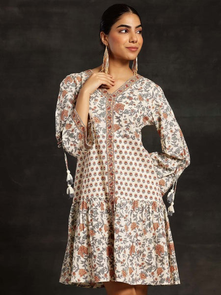 Women Floral Printed Bell Sleeve A-Line Dress Indian Ethnic Dress