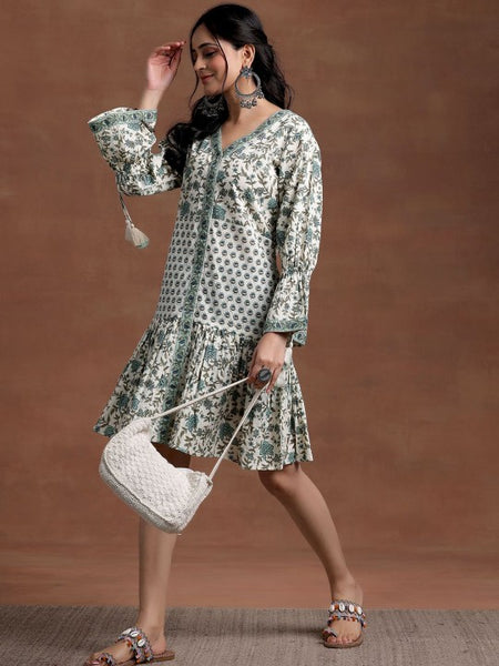 Women Floral Printed V-Neck Bell Sleeves Cotton A-Line Ethnic Dress