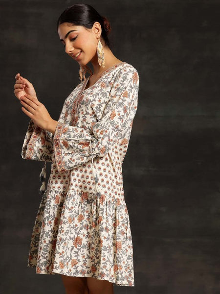 Women Floral Printed Bell Sleeve A-Line Dress Indian Ethnic Dress