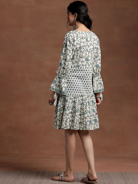 Women Floral Printed V-Neck Bell Sleeves Cotton A-Line Ethnic Dress