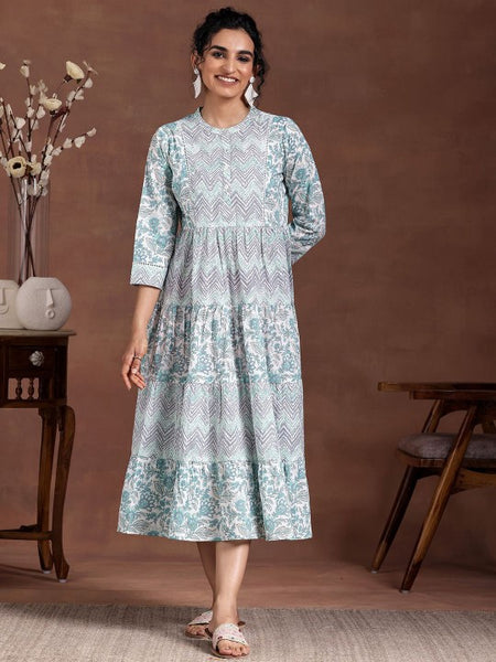 Women Round Neck Three Fourth Sleeves Printed Layered Ethnic Dress