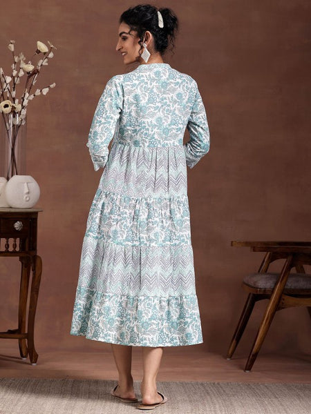 Women Round Neck Three Fourth Sleeves Printed Layered Ethnic Dress