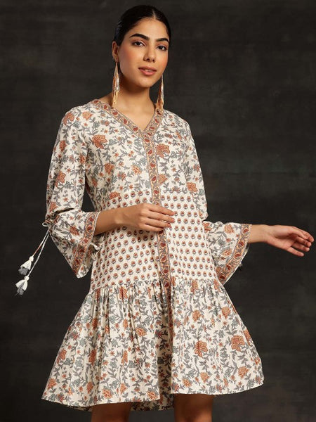 Women Floral Printed Bell Sleeve A-Line Dress Indian Ethnic Dress