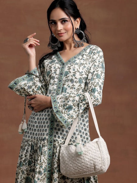 Women Floral Printed V-Neck Bell Sleeves Cotton A-Line Ethnic Dress