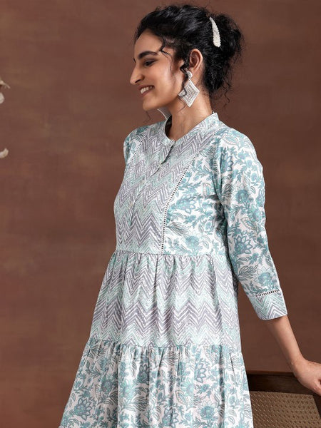 Women Round Neck Three Fourth Sleeves Printed Layered Ethnic Dress