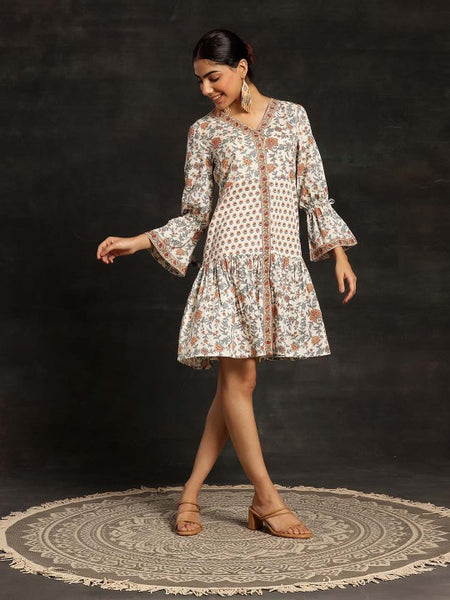 Women Floral Printed Bell Sleeve A-Line Dress Indian Ethnic Dress
