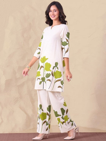 Women Printed Notch Neck Pure Cotton Tunic With Trousers Co-Ord Set VitansEthnics