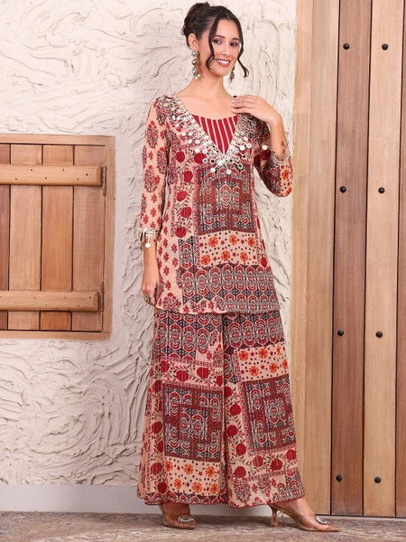 Women Printed Pure Chiffon Lurex Kurti and Sharara with Crop top Co-Ord Set VitansEthnics