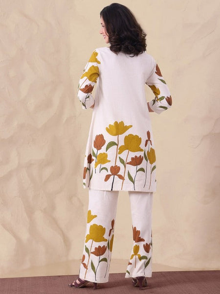 Women Floral Printed Notch Neck Pure Cotton Tunic & Trousers Co-Ord Set VitansEthnics
