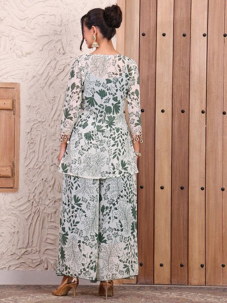 Women Floral Printed V-Neck Pure Chiffon Tunic With Palazzos Co-Ords Set VitansEthnics