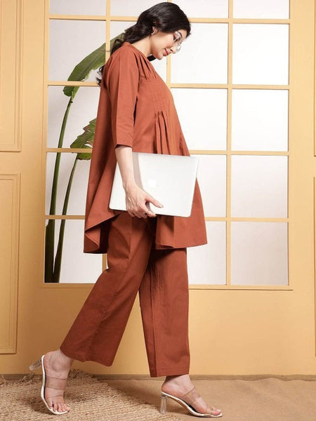 Women Brown Pleats V Neck Tunic With Trousers Co-Ord Set VitansEthnics