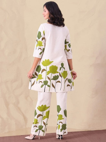 Women Printed Notch Neck Pure Cotton Tunic With Trousers Co-Ord Set VitansEthnics