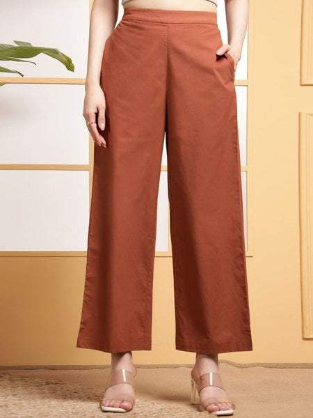 Women Brown Pleats V Neck Tunic With Trousers Co-Ord Set VitansEthnics
