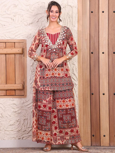 Women Printed Pure Chiffon Lurex Kurti and Sharara with Crop top Co-Ord Set VitansEthnics