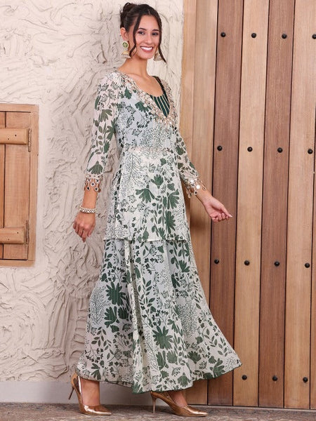 Women Floral Printed V-Neck Pure Chiffon Tunic With Palazzos Co-Ords Set VitansEthnics