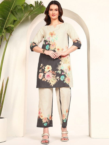 Women Printed Pure Cotton V Neck Tunic With Trousers Co-Ords Set VitansEthnics