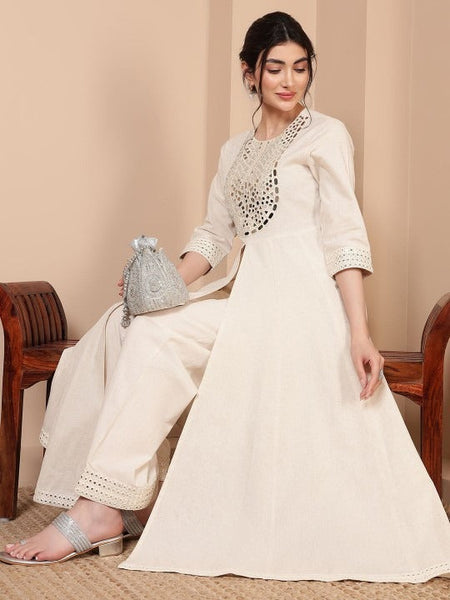 Women Cotton Mirror Embroidered Anarkali Kurta With Palazzo Co-Ords Set VitansEthnics