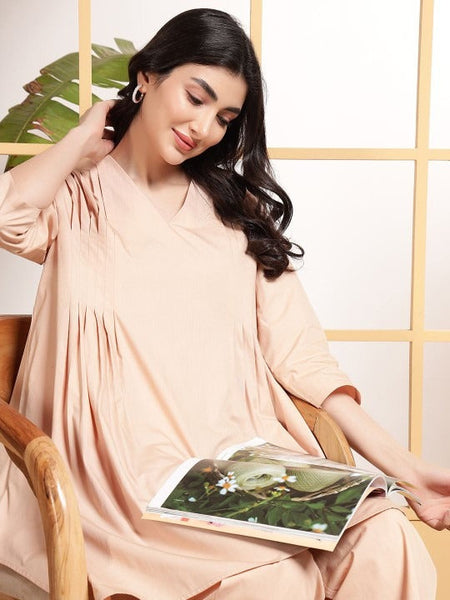 Women Pleats V Neck Tunic With Trousers Co-Ord Set VitansEthnics