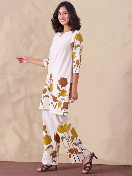 Women Floral Printed Notch Neck Pure Cotton Tunic & Trousers Co-Ord Set VitansEthnics