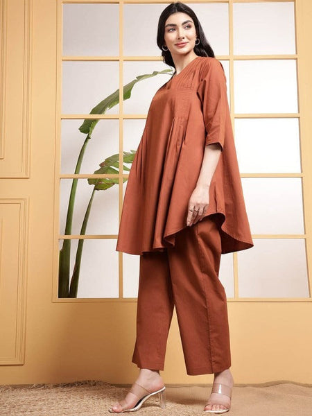 Women Brown Pleats V Neck Tunic With Trousers Co-Ord Set VitansEthnics