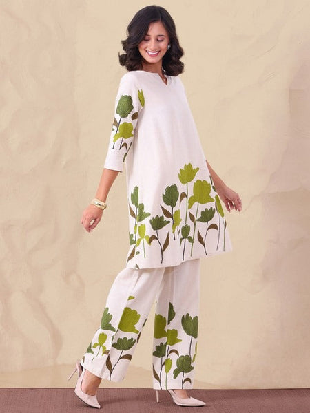 Women Printed Notch Neck Pure Cotton Tunic With Trousers Co-Ord Set VitansEthnics