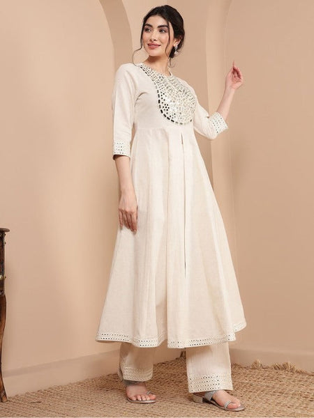 Women Cotton Mirror Embroidered Anarkali Kurta With Palazzo Co-Ords Set VitansEthnics