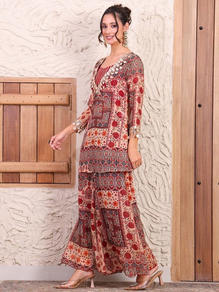 Women Printed Pure Chiffon Lurex Kurti and Sharara with Crop top Co-Ord Set VitansEthnics